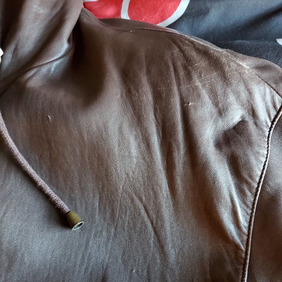 Jacqueline Ferrar Women's Brown Leather Coat with Hood & Tie Waist, Size XL Good - Picture 7 of 14